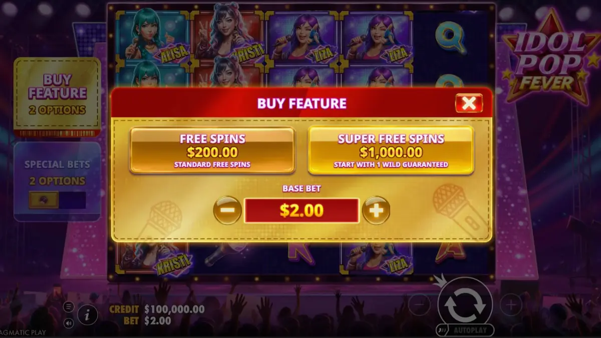 Painel de jogo do slot Idol Pop Fever com luzes neon e temática de show